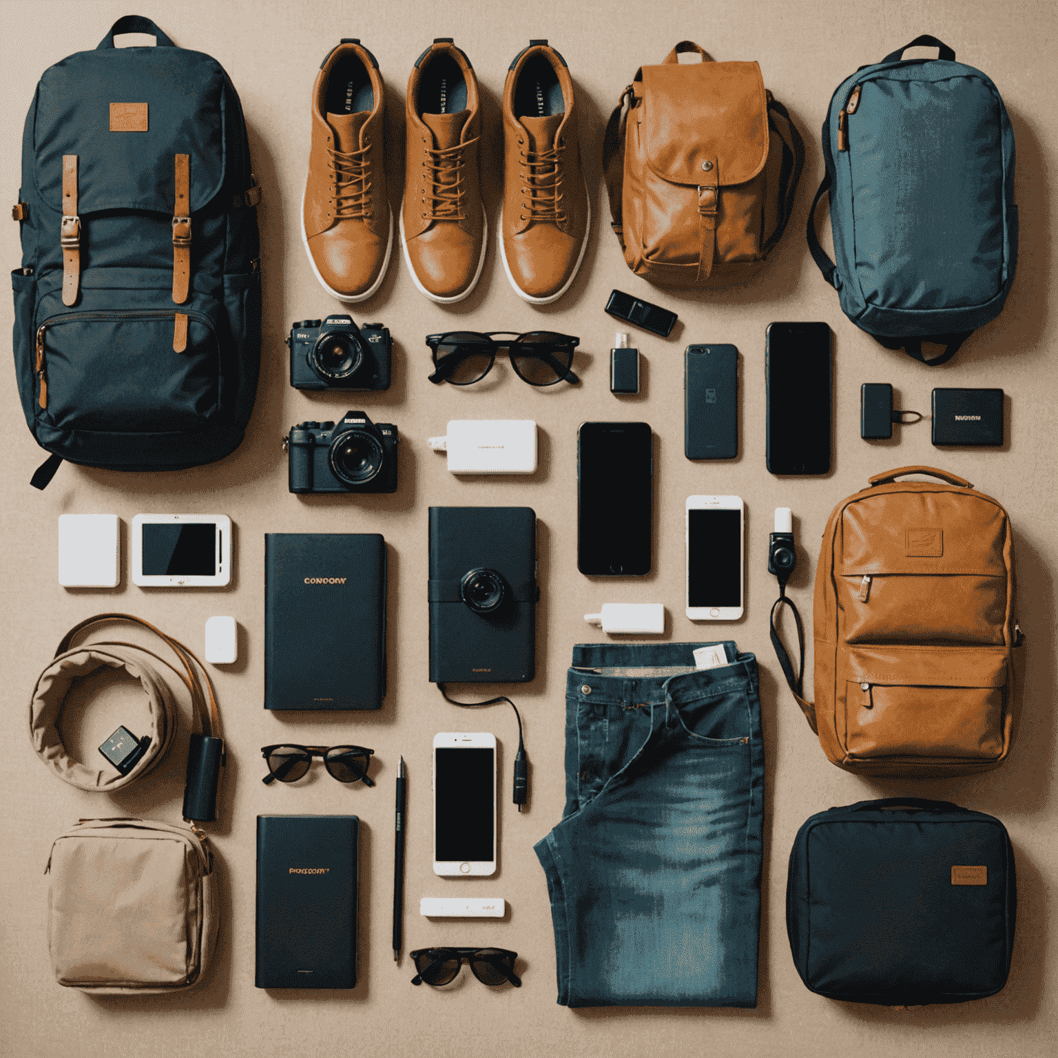 Various travel essentials laid out on a table, including a passport, camera, portable charger, and versatile clothing items