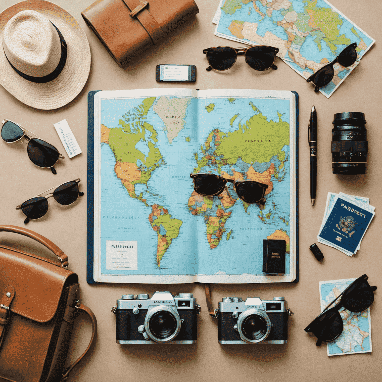 A flatlay of essential travel items including a passport, camera, sunglasses, and a map