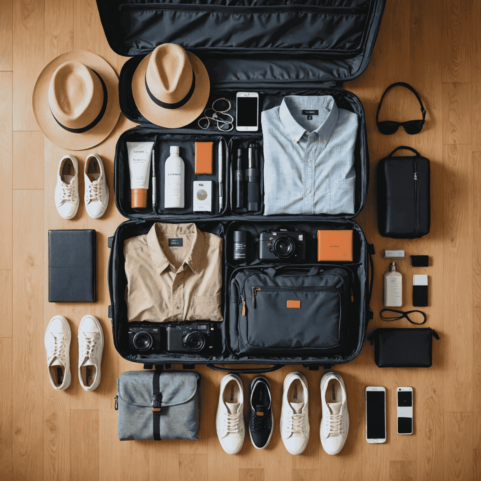 A neatly packed suitcase with various travel essentials laid out, including clothing, electronics, and toiletries