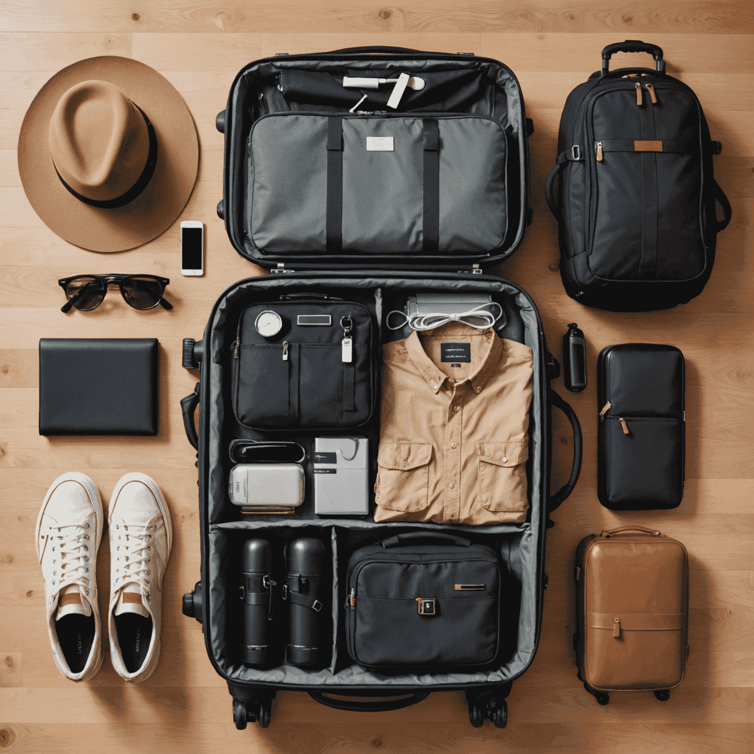 A neatly packed carry-on suitcase with essential travel items organized efficiently