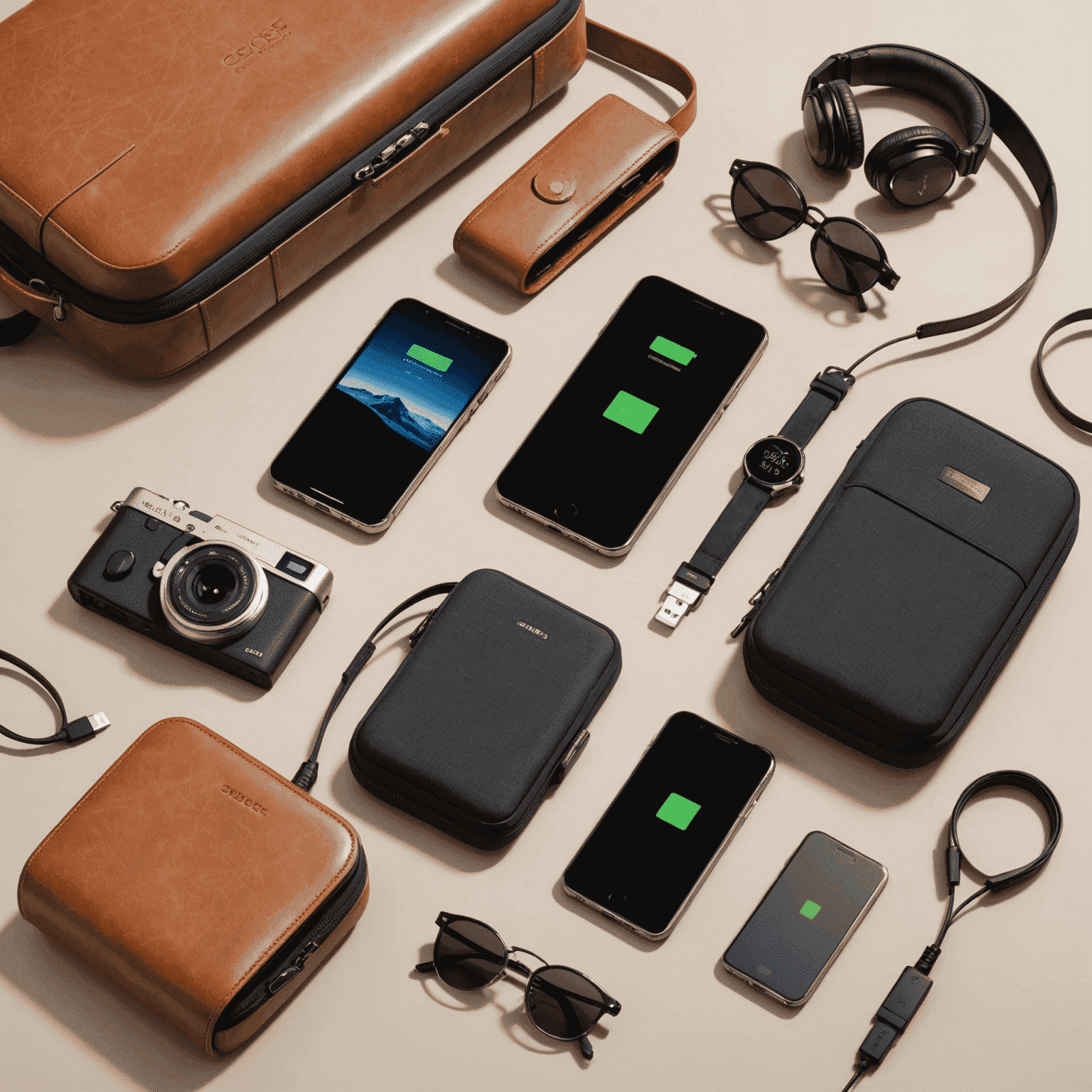 A collection of travel tech gadgets including a portable charger, noise-canceling headphones, a compact camera, and a smart luggage tag