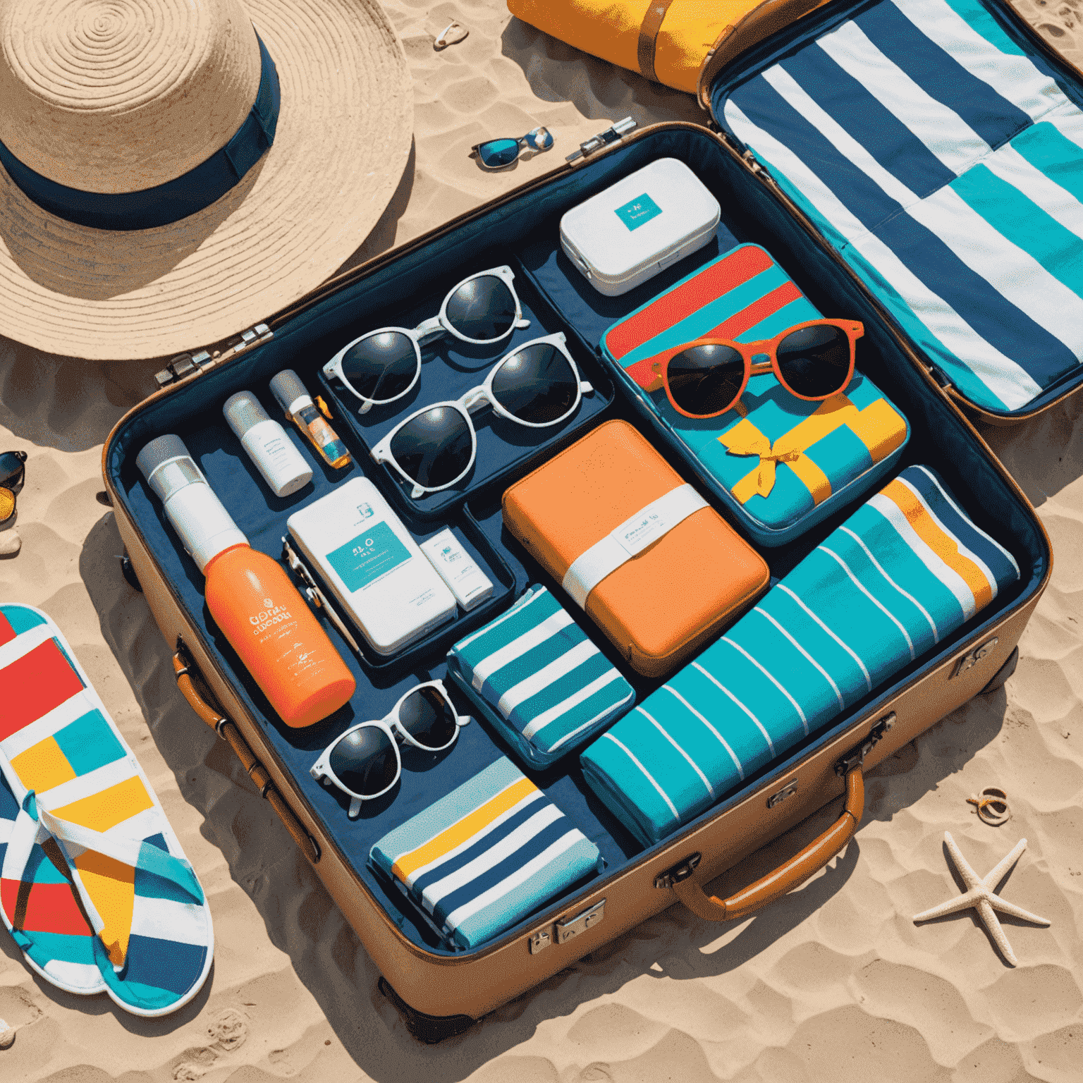 A neatly organized suitcase with beach essentials including sunscreen, sunglasses, flip-flops, and colorful beach towels