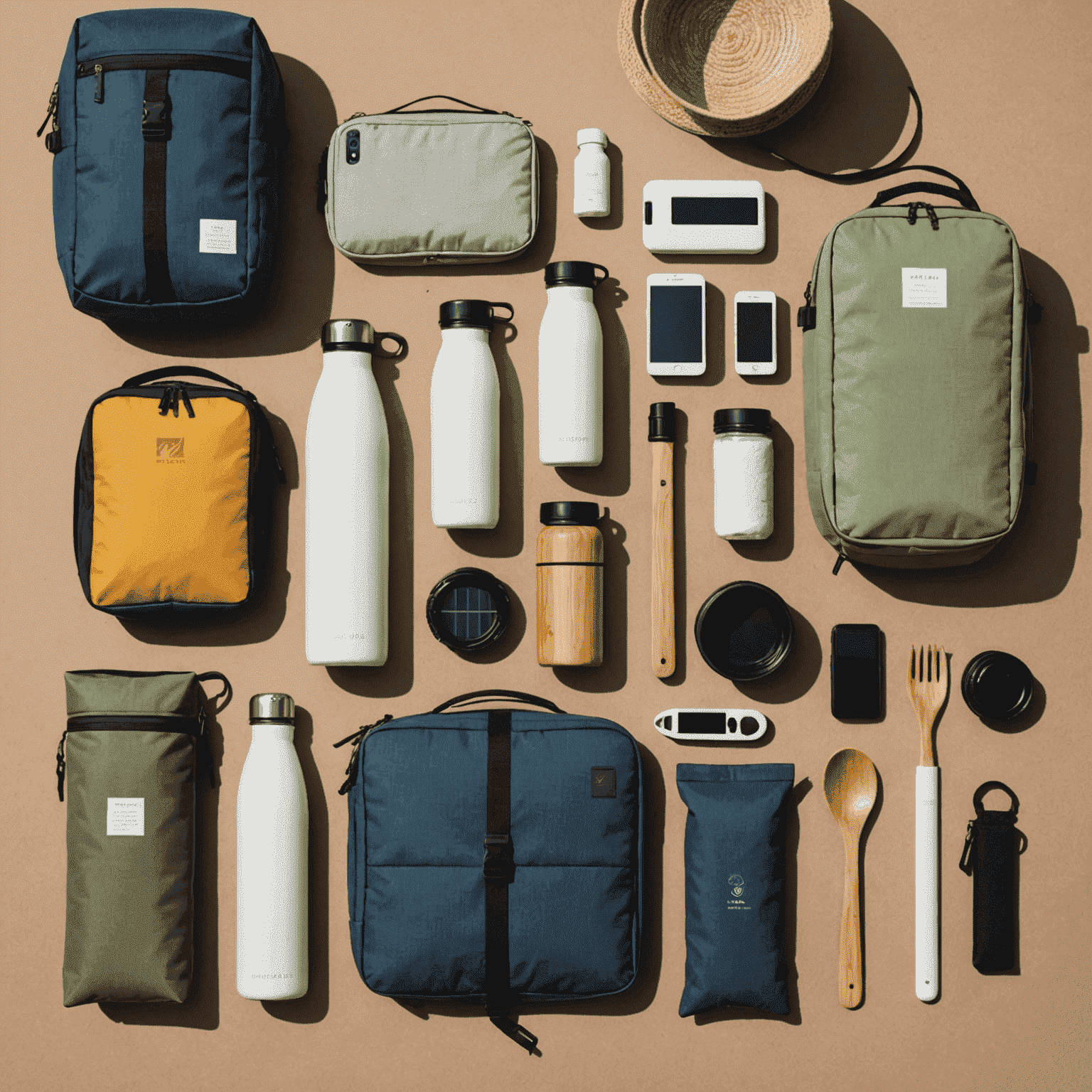 A collection of eco-friendly travel gear including reusable water bottle, bamboo utensils, organic cotton packing cubes, and solar-powered charger
