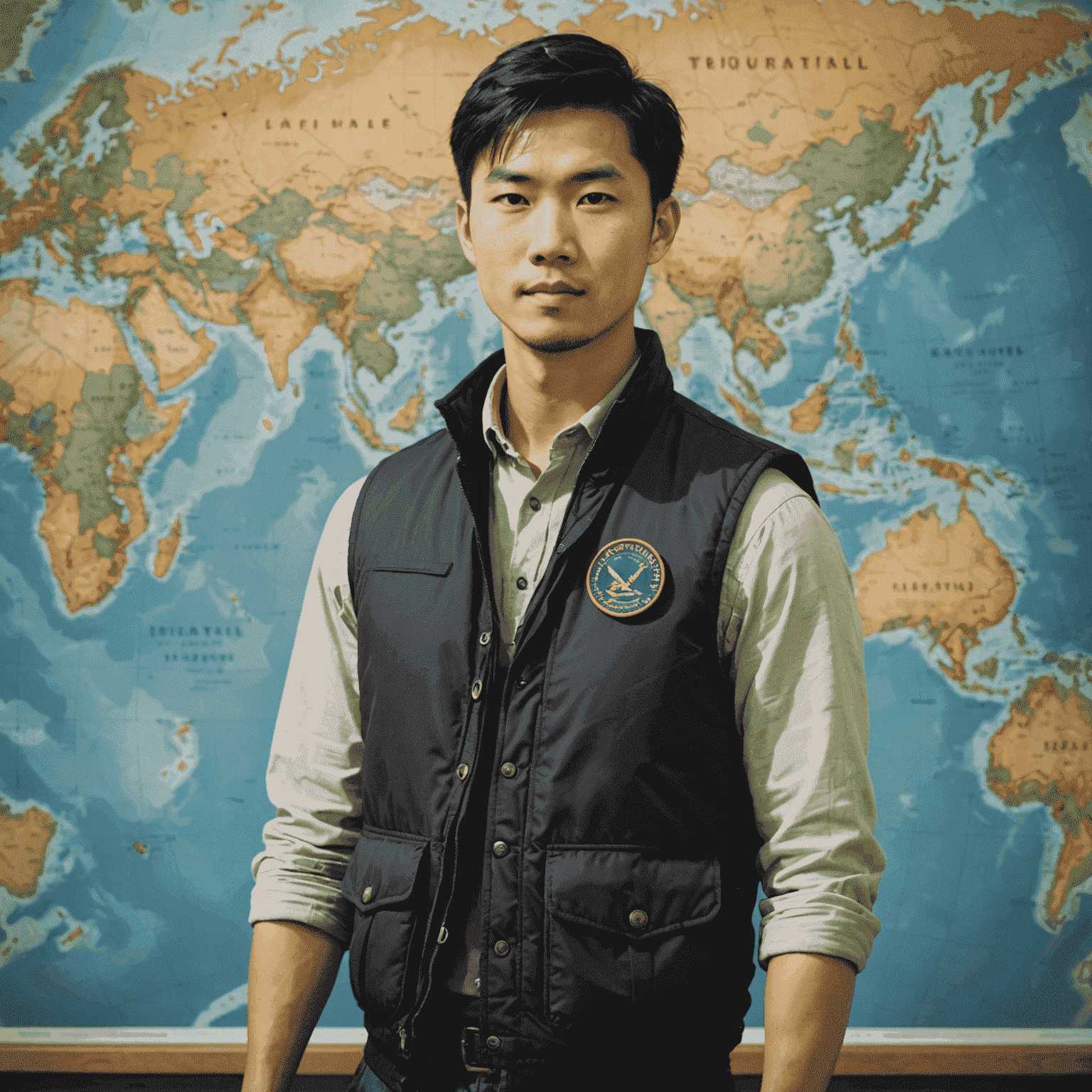 Michael Chen, an Asian man in his late 20s with short black hair, wearing a travel vest and standing in front of a world map