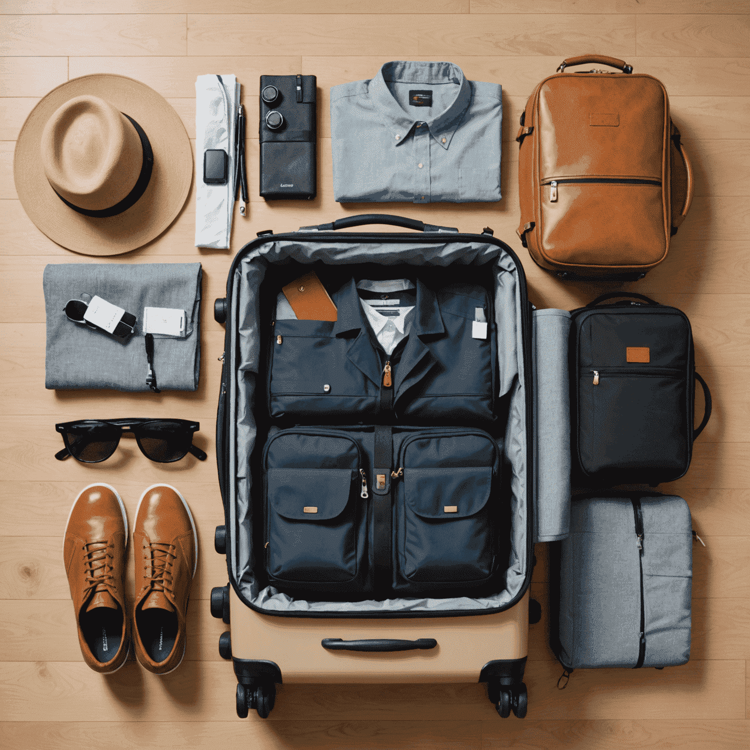 A neatly packed carry-on suitcase with efficiently organized clothing and travel items