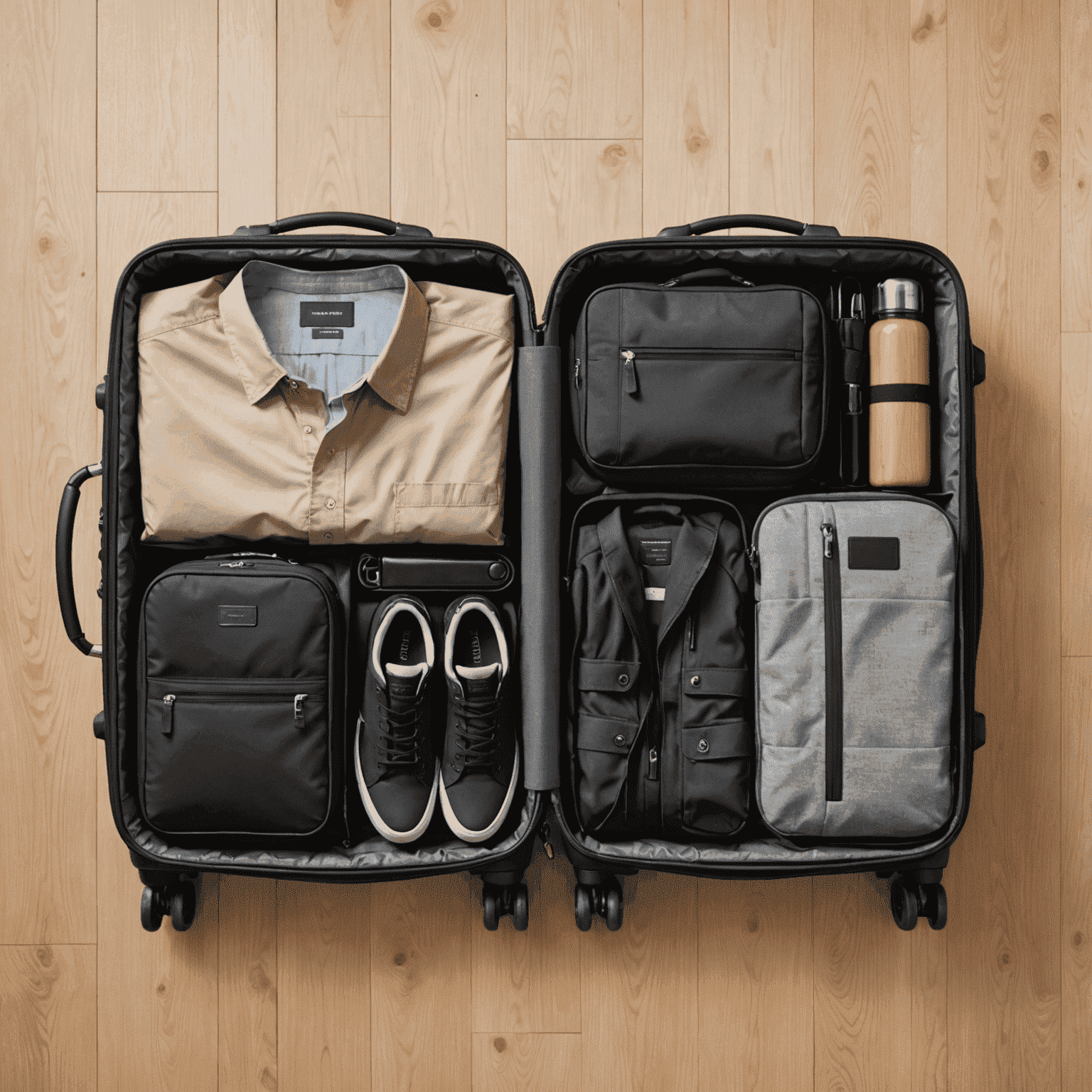 A neatly packed carry-on suitcase with efficiently organized clothes and accessories
