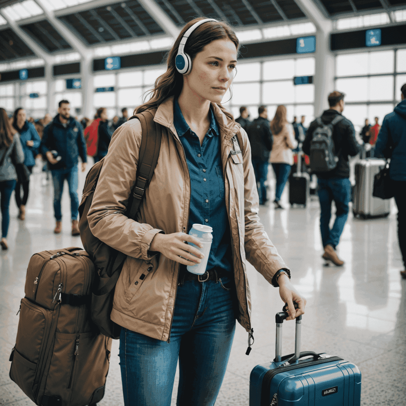 A traveler using various essential items from the list, such as a portable charger, noise-cancelling headphones, and a reusable water bottle while at an airport