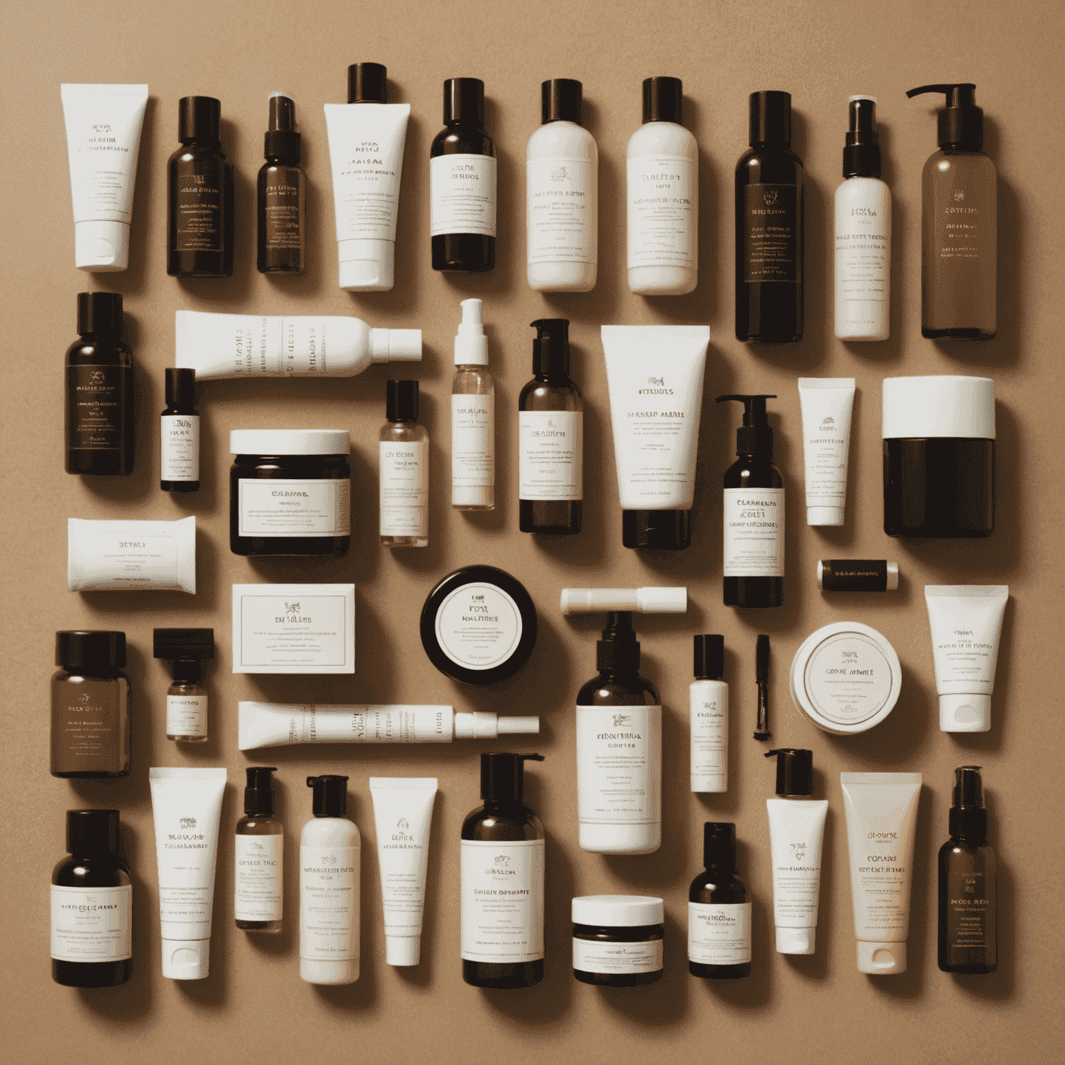 A collection of travel-sized toiletries and solid alternatives neatly arranged