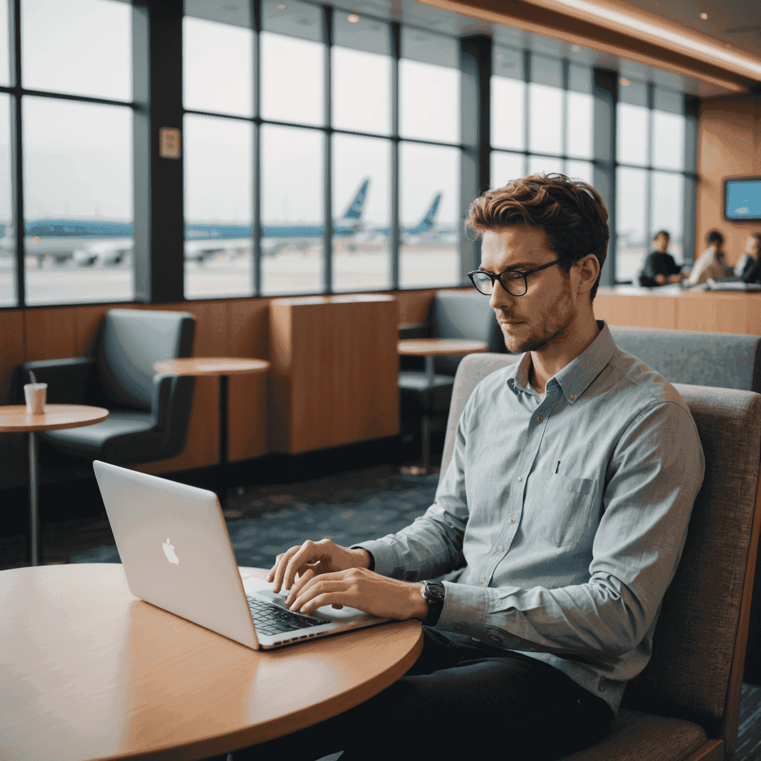 A person using a portable Wi-Fi hotspot while working on a laptop in an airport lounge
