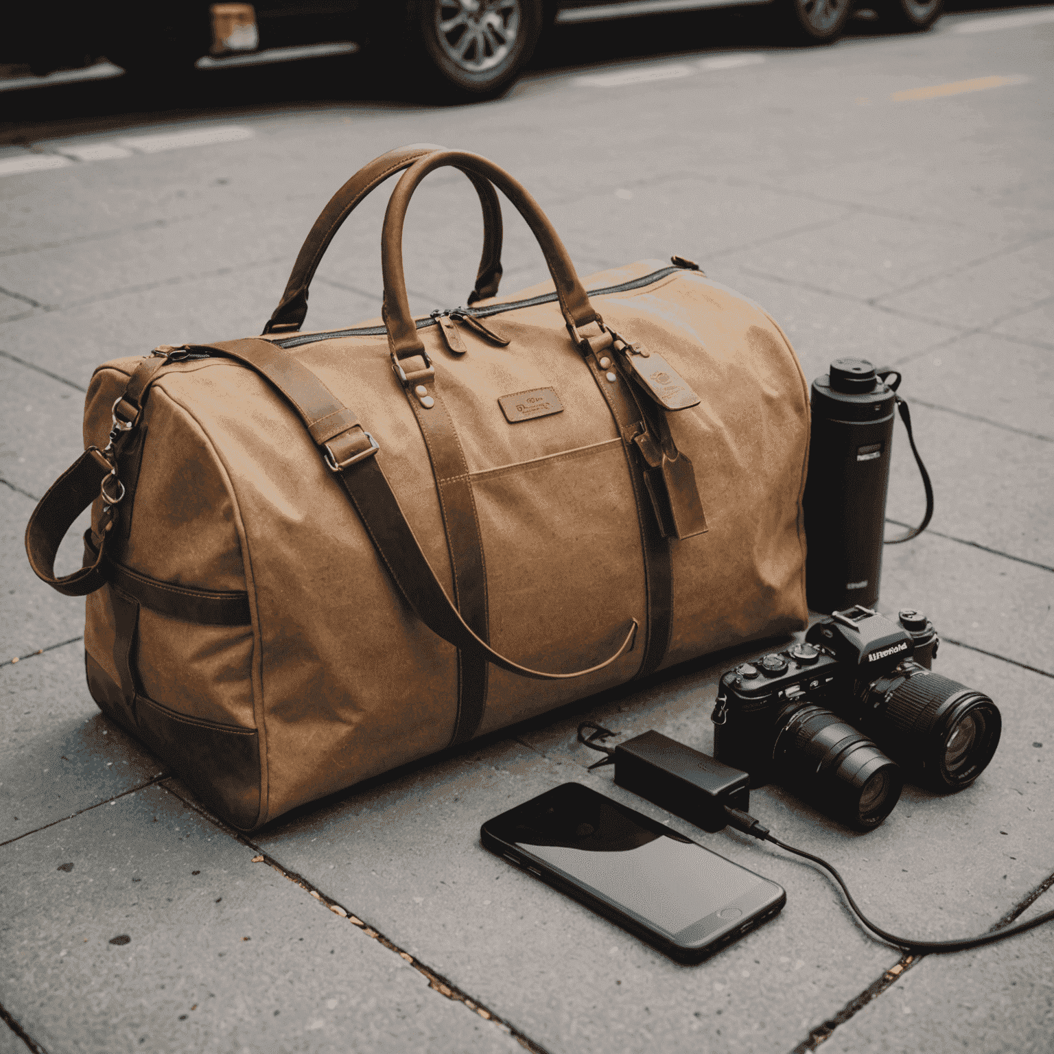 A stylish weekender bag packed with city essentials including a camera, guidebook, comfortable walking shoes, and a portable charger