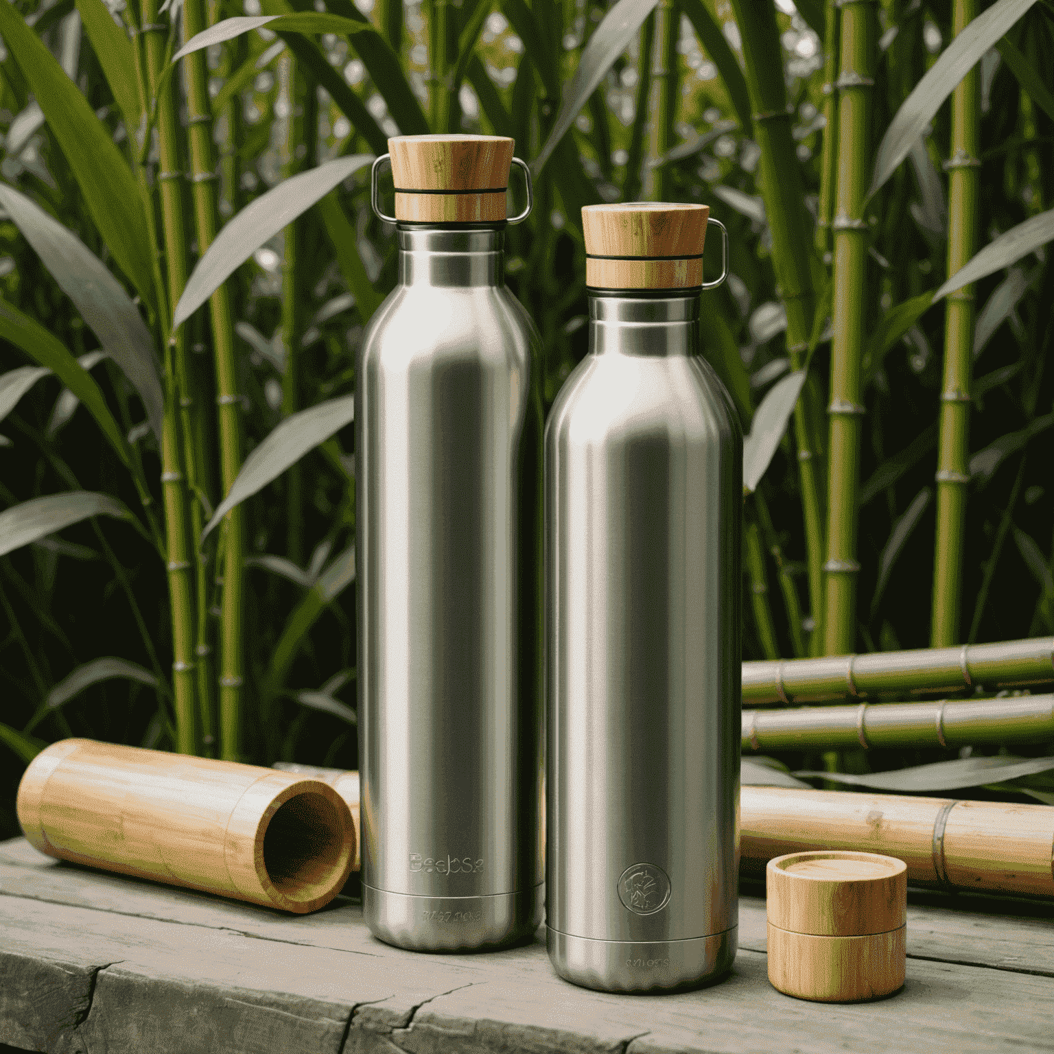 Stainless steel reusable water bottle with bamboo cap