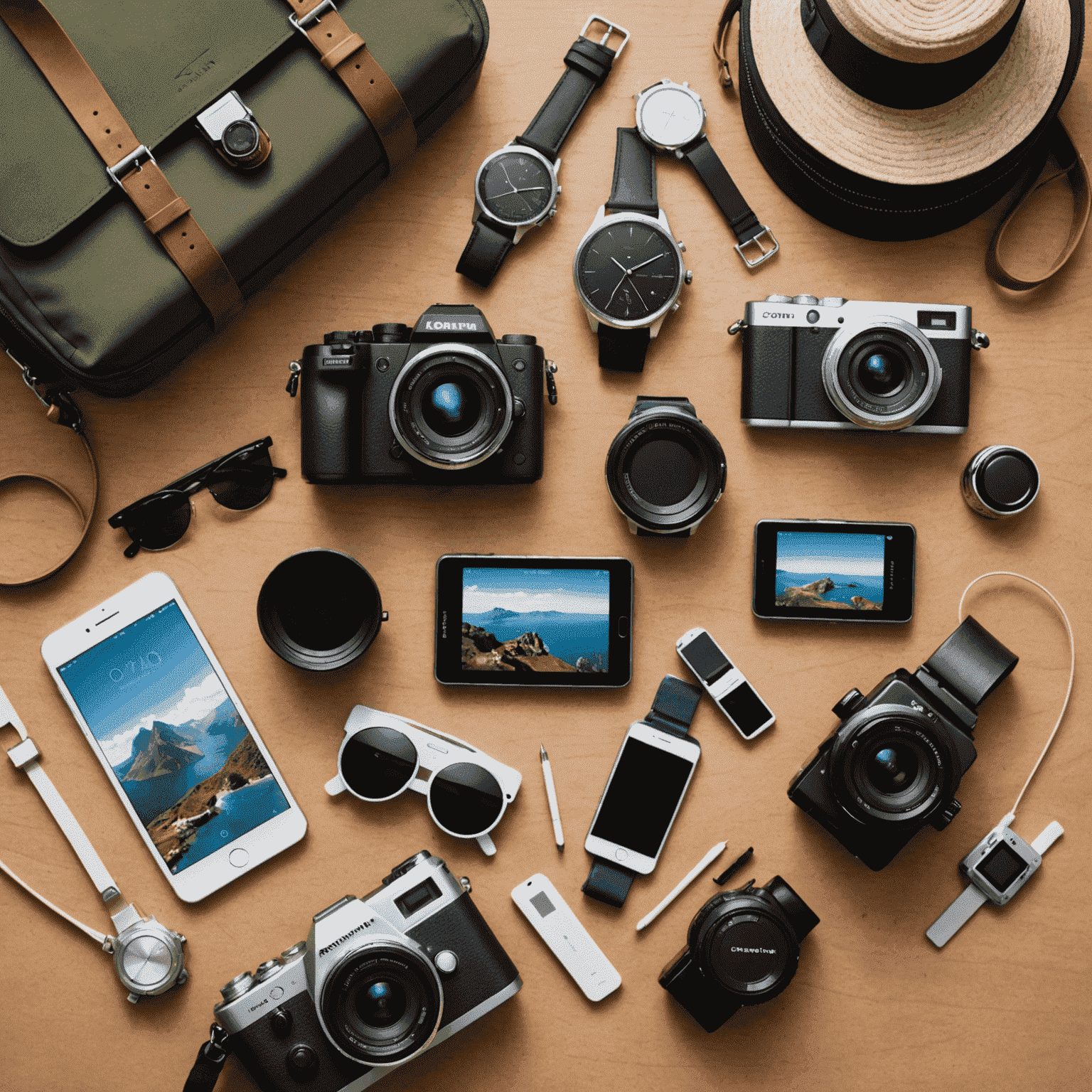 An array of modern travel gadgets including a smartwatch, portable Wi-Fi hotspot, and compact camera