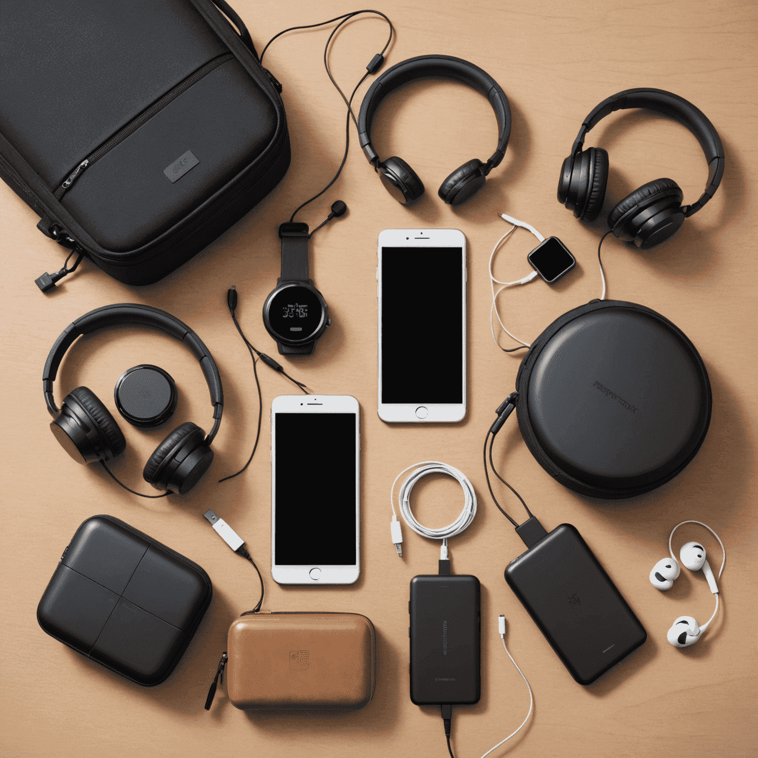 An array of modern travel gadgets including a smartwatch, portable charger, and noise-canceling headphones