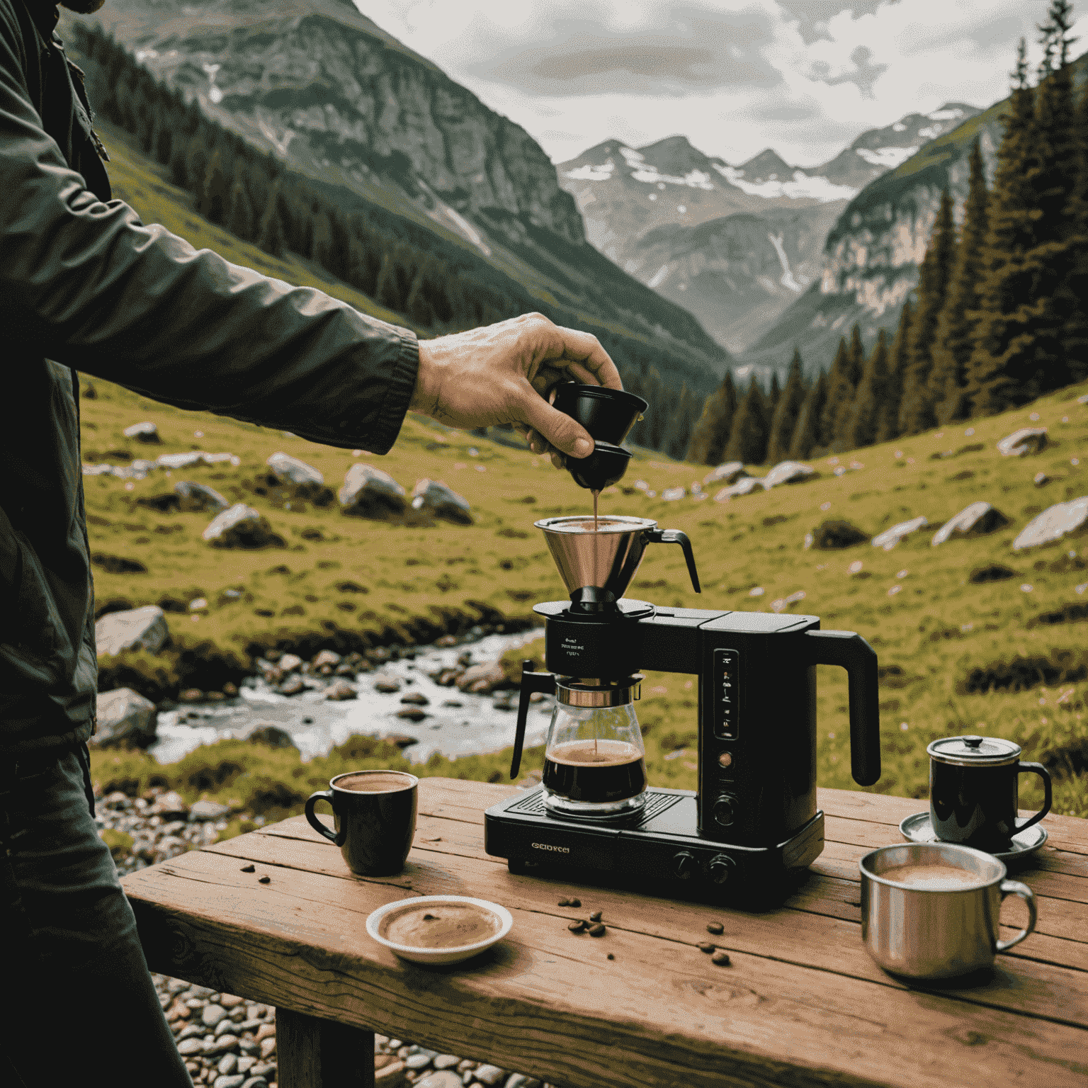 A traveler using a portable espresso maker to brew coffee in a scenic outdoor setting