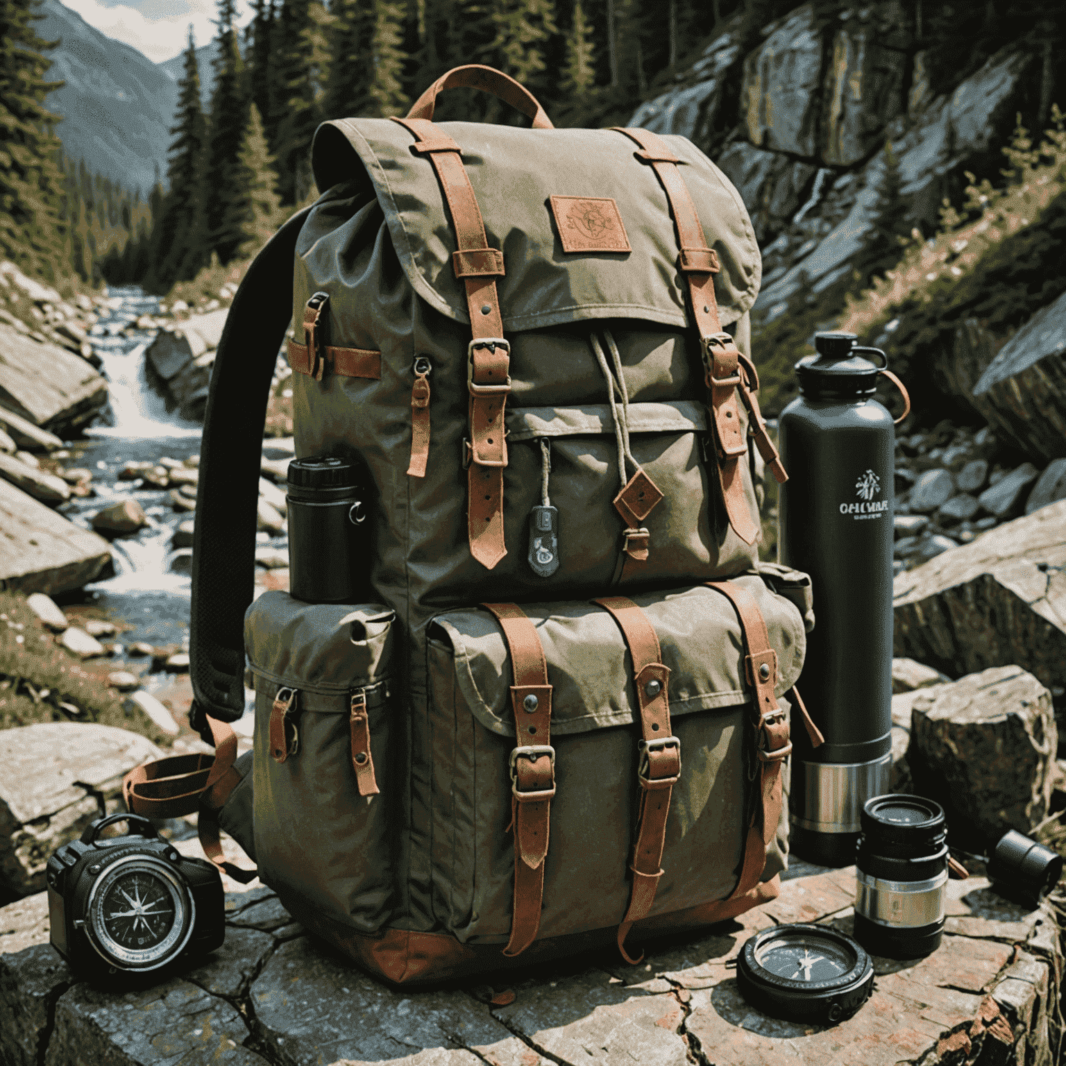 A rugged backpack filled with adventure gear including a compass, hiking boots, water filtration system, and quick-dry clothing