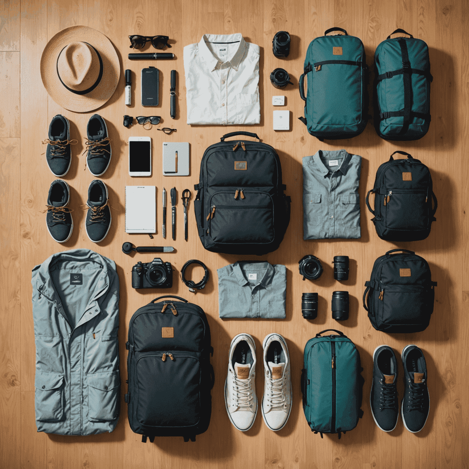 Multiple packing lists for different types of trips, including beach, city, and adventure gear