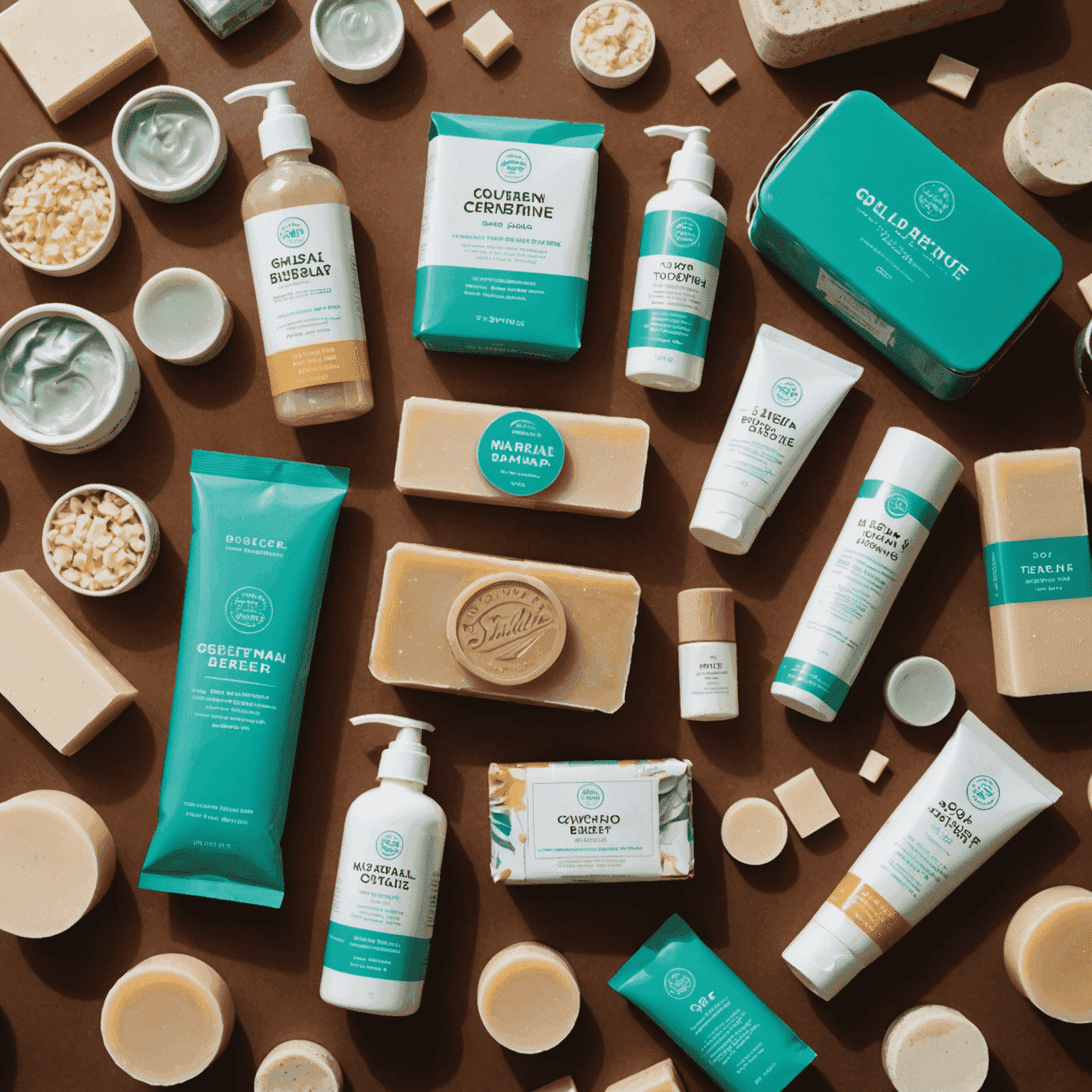 Assortment of solid toiletries including shampoo bar, soap, and toothpaste tablets